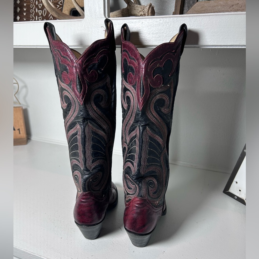Vintage Larry Mahan Cowboy Boots Womens 5B Burgundy Black Tall Western Boots USA - Picture 5 of 9